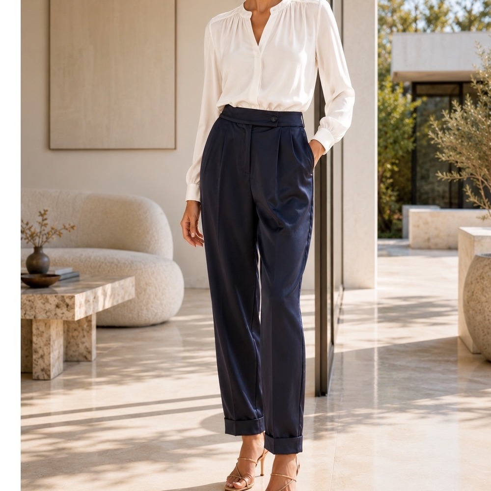ATM Anthony Thomas Melillo Trousers Womens 6 Navy Pleated Tapered Cuffed Pant